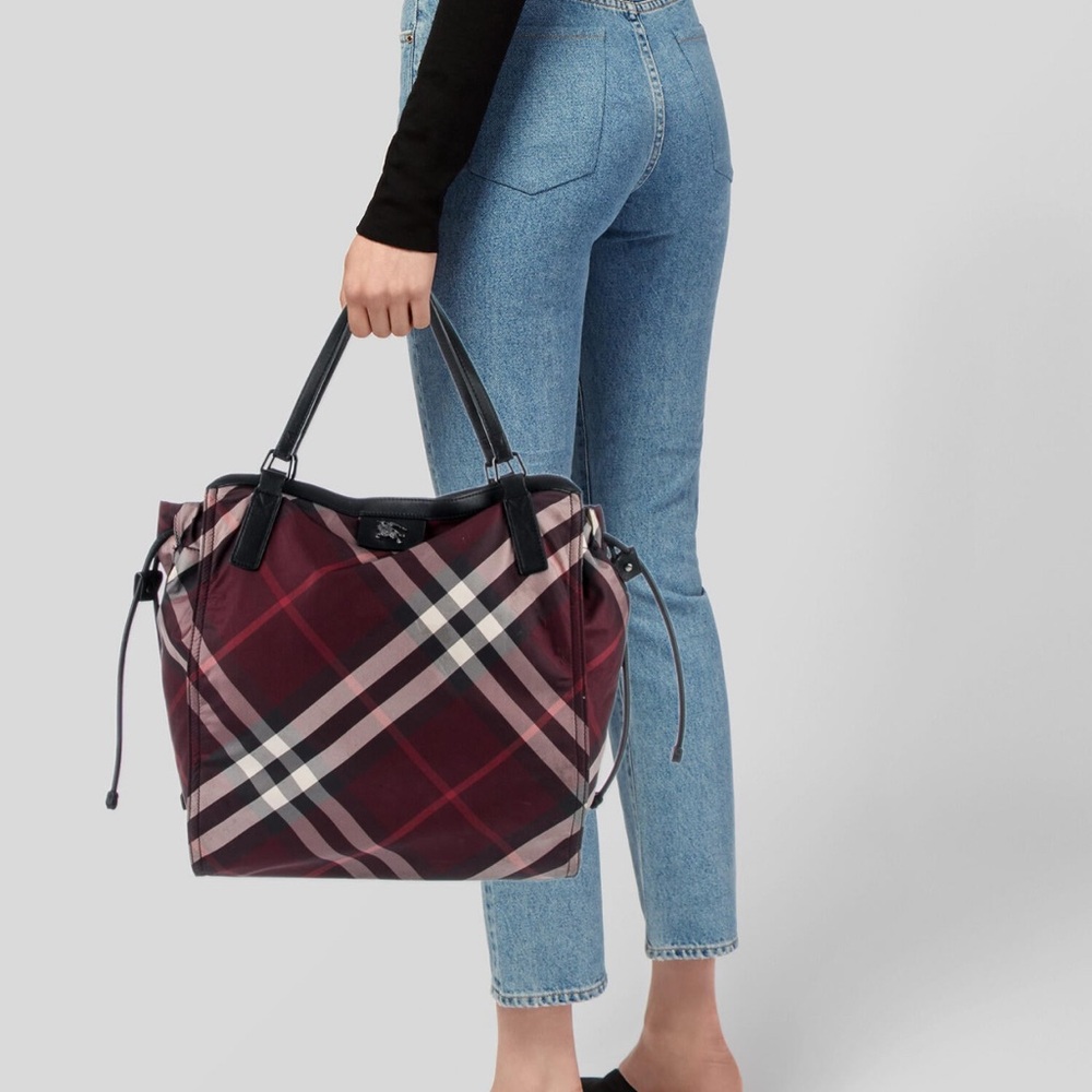 SOLD Burberry Burgundy Exploded Check Buckleigh Large Packable Nylon Tote Bag